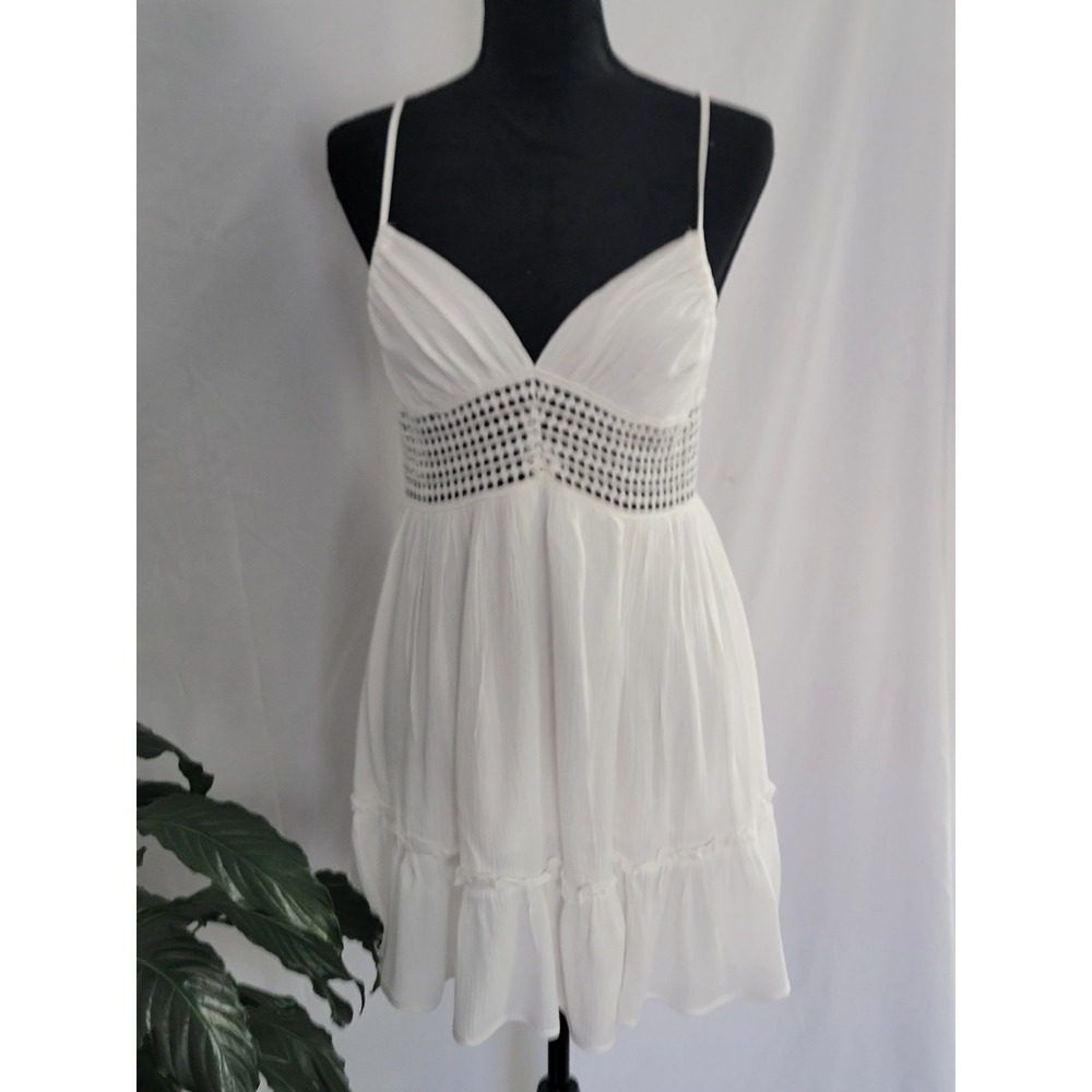 Forever 21 White Crochet Lace Waist Crinkle Gauze Mini Dress Boho Ruffle Hem
